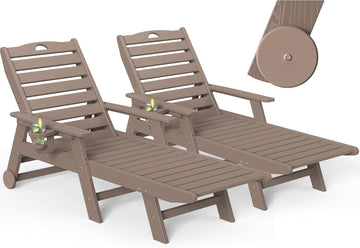 Outdoor Chaise Lounge Chair Set of 2 with Wheels & Cup Holder, HDPE Pool Lounge Chairs with 5-Position Adjustable