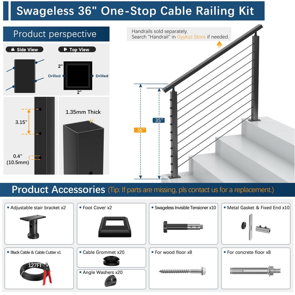 Swageless 4-12FT Black Stair Cable Railing Kit Surface Mount 36"