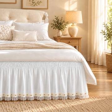 Lace Trim Bed Skirt King 16" Drop, Elastic Wrap Around Bedskirt