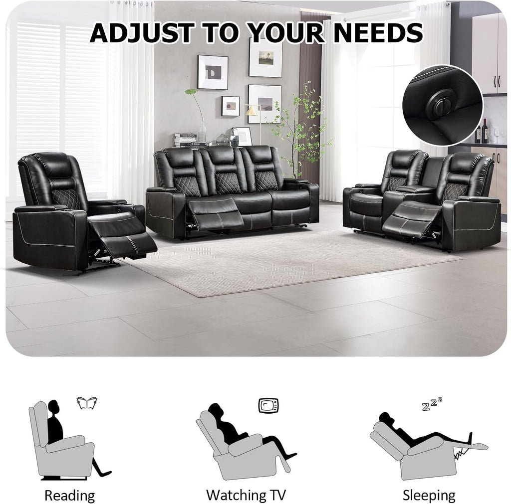 Home Theater Seating Seats, Theater Recliner Chair Sofa, PU Leather 3 seat Power Recliner Sofa with Cup Holders