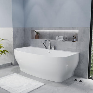 Flat Bottom Freestanding Soaking Bathtub Fiberglass Reinforced Acrylic 65 x 31 Inch Glossy White