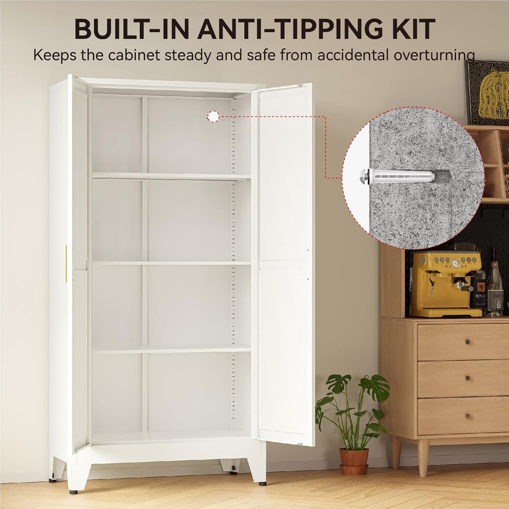 61" Metal Pantry Cabinet with Adjustable Shelves, White Storage Cabinet with Doors and Shelves, Sturdy Freestanding