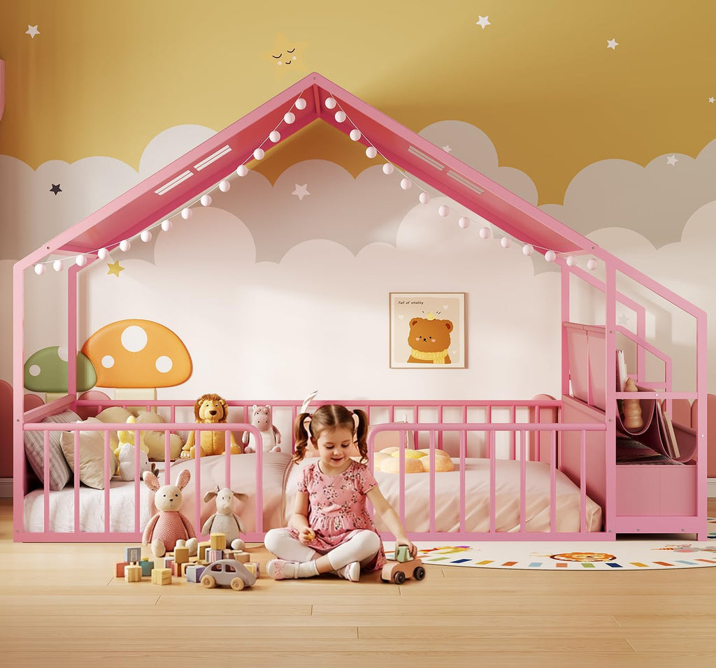 Montessori Full Size Floor Bed, Safety Guardrails, Reading Nook, Pink | House Shape, Sling Bookshelves, Storage