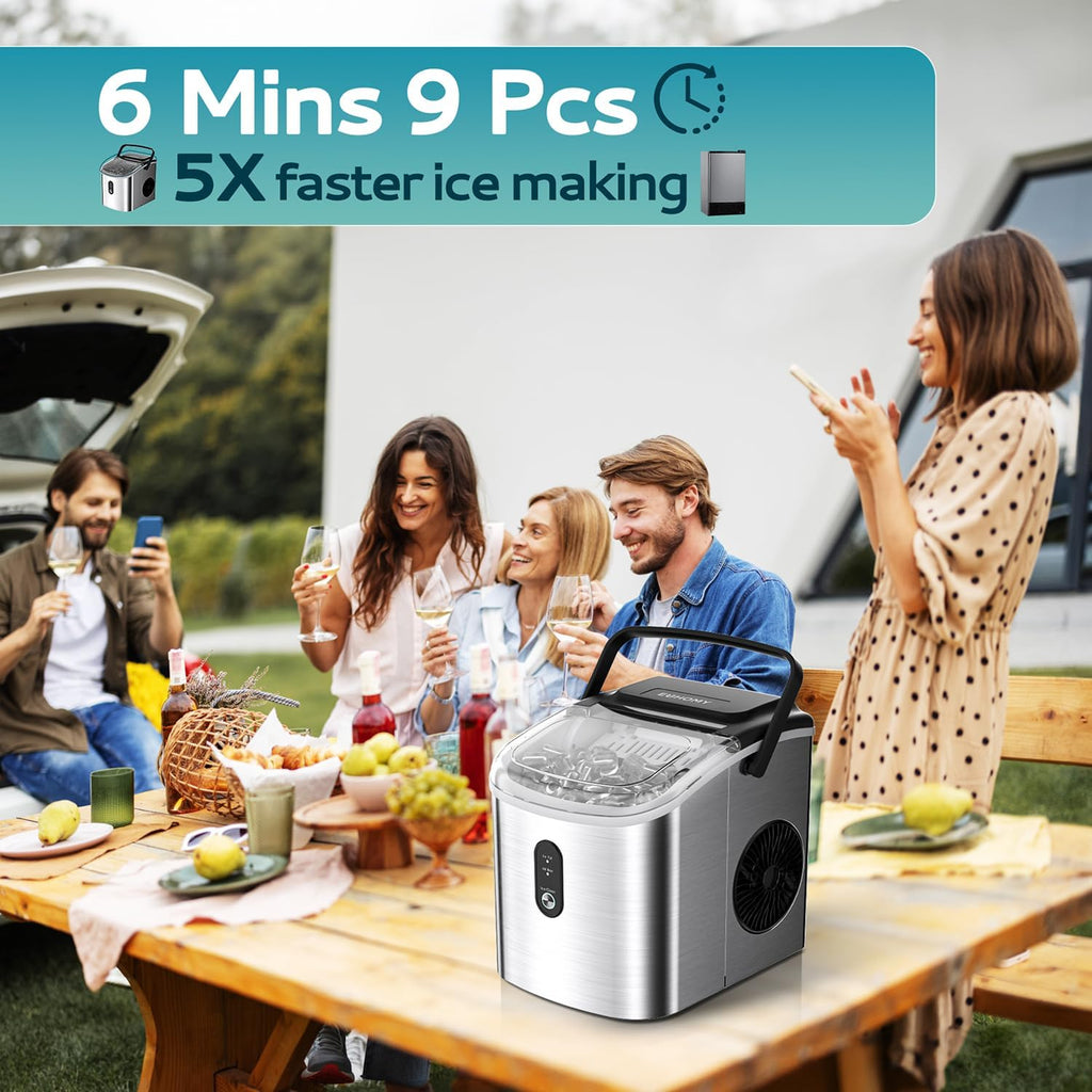 Ice Maker Countertop, Portable Ice Machine with Carry Handle, 26.5lbs Per Day, 9 Cubes in 6 Mins, Auto-Cleaning
