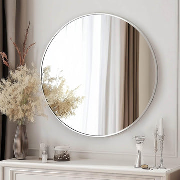 Round Mirror, 26 inch Silver Circle Mirror,Bruhsed Nickel Metal Frame