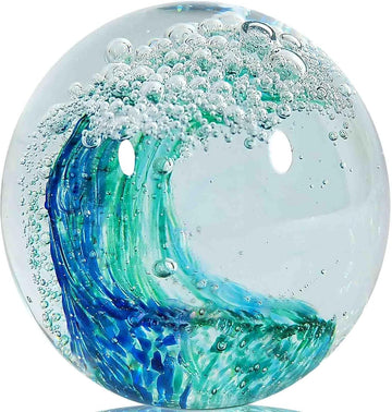 Hand Blown Ocean Wave Glass Paperweight - Blue Sea Glass Art for Beach Home Decor, Unique Gift for Ocean Lovers