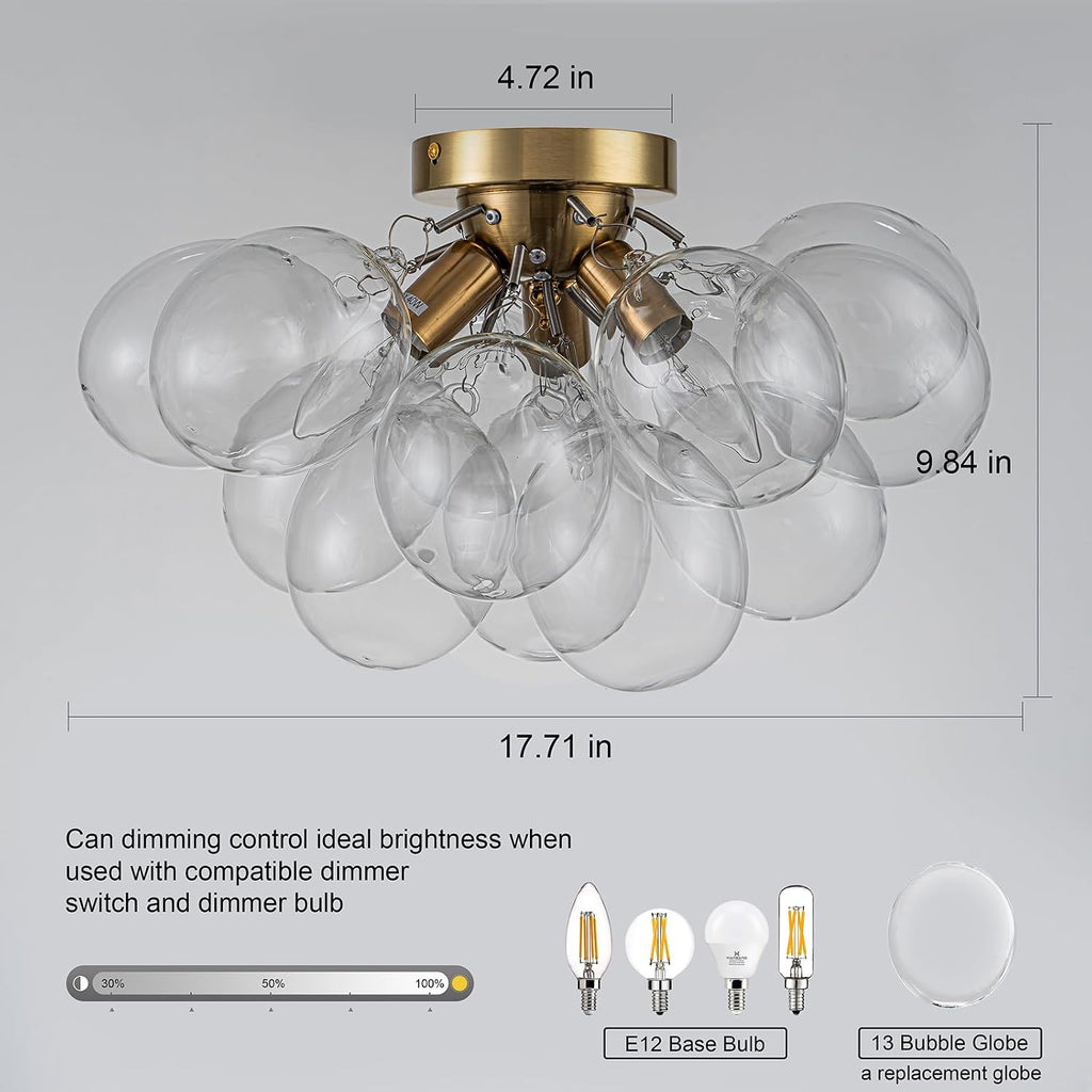 Semi Flush Mount Chandelier Gold Close to Ceiling Light Fixtures Modern Bubble Ball Glass Chandelier Mid Century