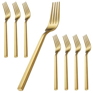 Cube Gold 8-Piece 8.1 Inches Forged Dinner Forks Stainless Steel, Matte Satin Polished Cutlery Set, Dishwasher Safe