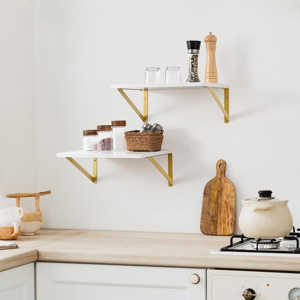 Deep Floating Shelves for Wall, 12 Inch Deep White and Gold Shelves Set of 2, 16W x 12D White Wood Wall Shelves with