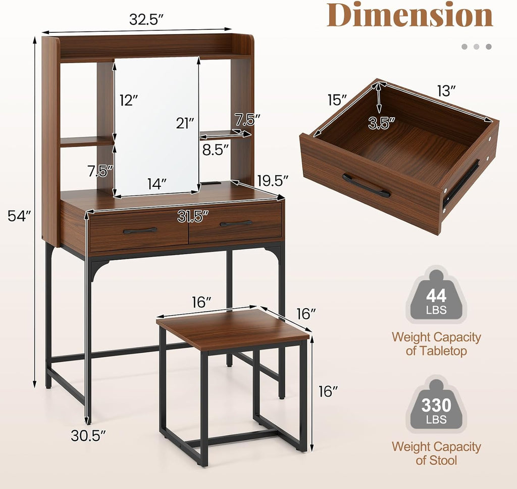 Vanity Desk with Mirror and Stool, Industrial Dressing Table with Power Outlet, 4 Shelves, 2 Storage Drawers, Bedroom