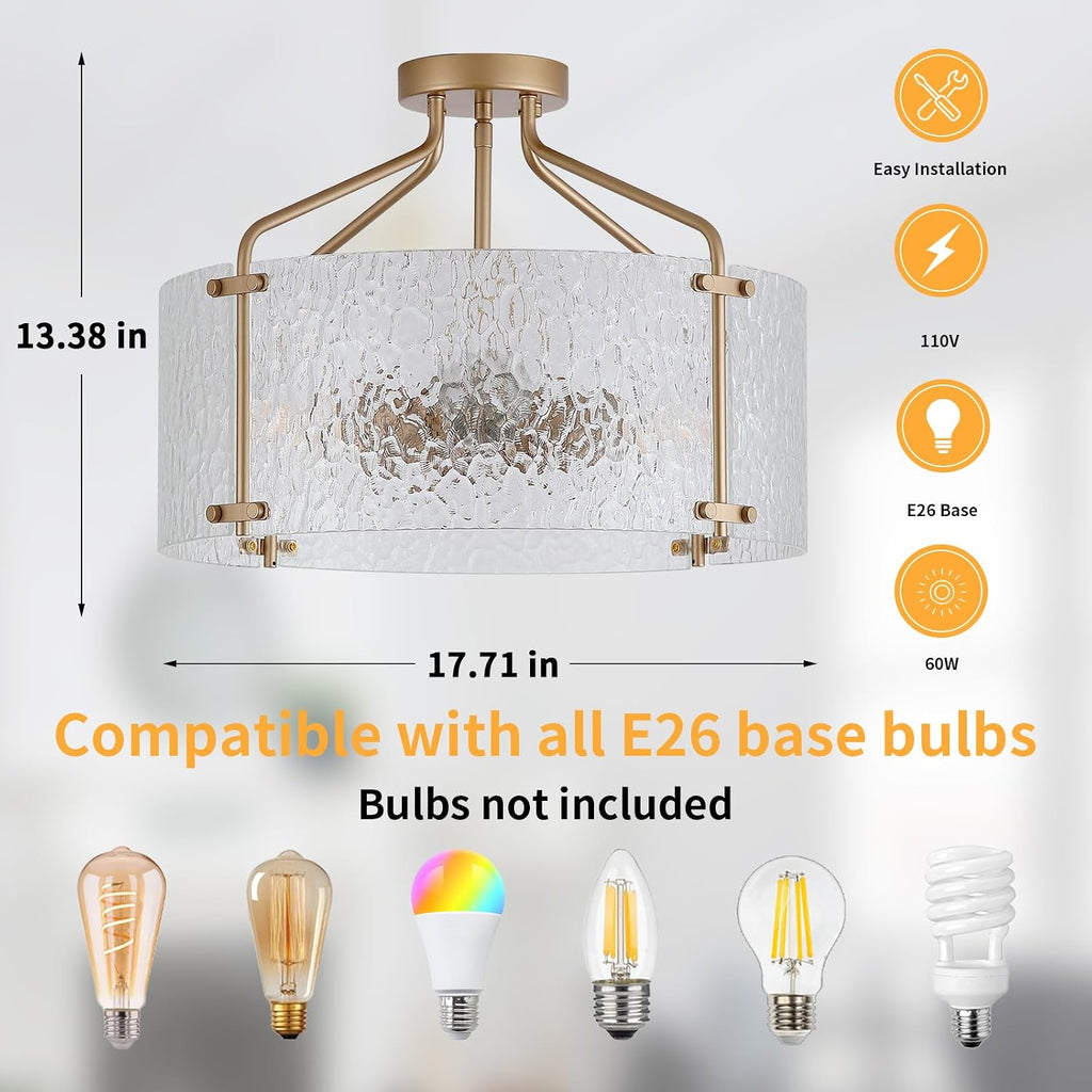 Semi Flush Mount Ceiling Light Fixture,Glass Drum Kitchen Lighting Fixtures Ceiling,18''Gold Modern Light Fixture