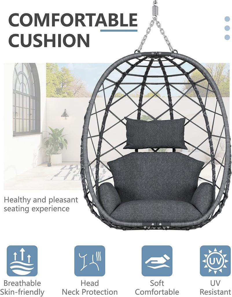 Hanging Egg Chair with Stand, Outdoor Indoor Rattan Wicker Egg Swing Chair with Cushion, Heavy Duty Patio Hammock