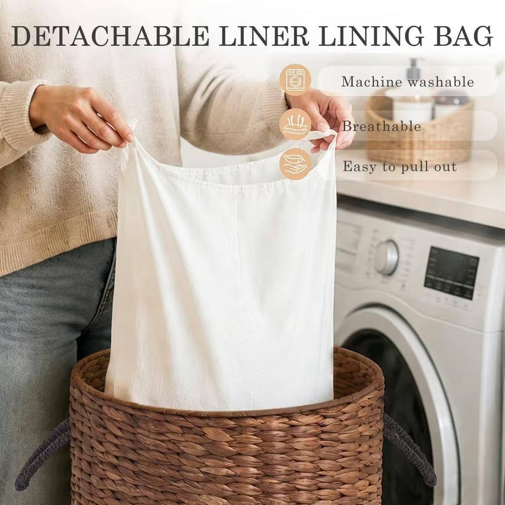 Round laundry hamper with lid, Handwoven Wicker Laundry Basket with Handles and Removable Liner for Dirty Clothes
