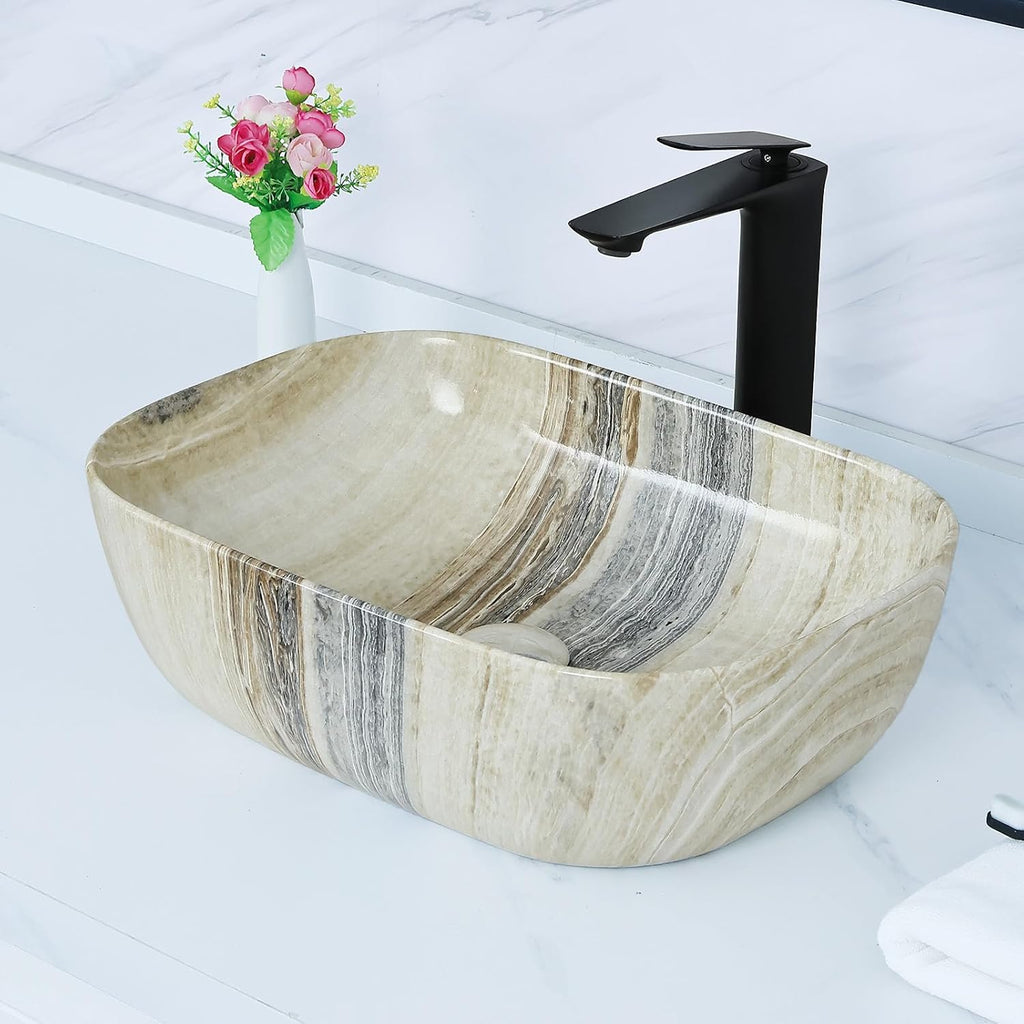 18.3"×13" Marbling Rectangle Bathroom Vessel Sink with Pop Up Drain,Nordic Ceramic Vessel Sinks,Bathroom Sinks