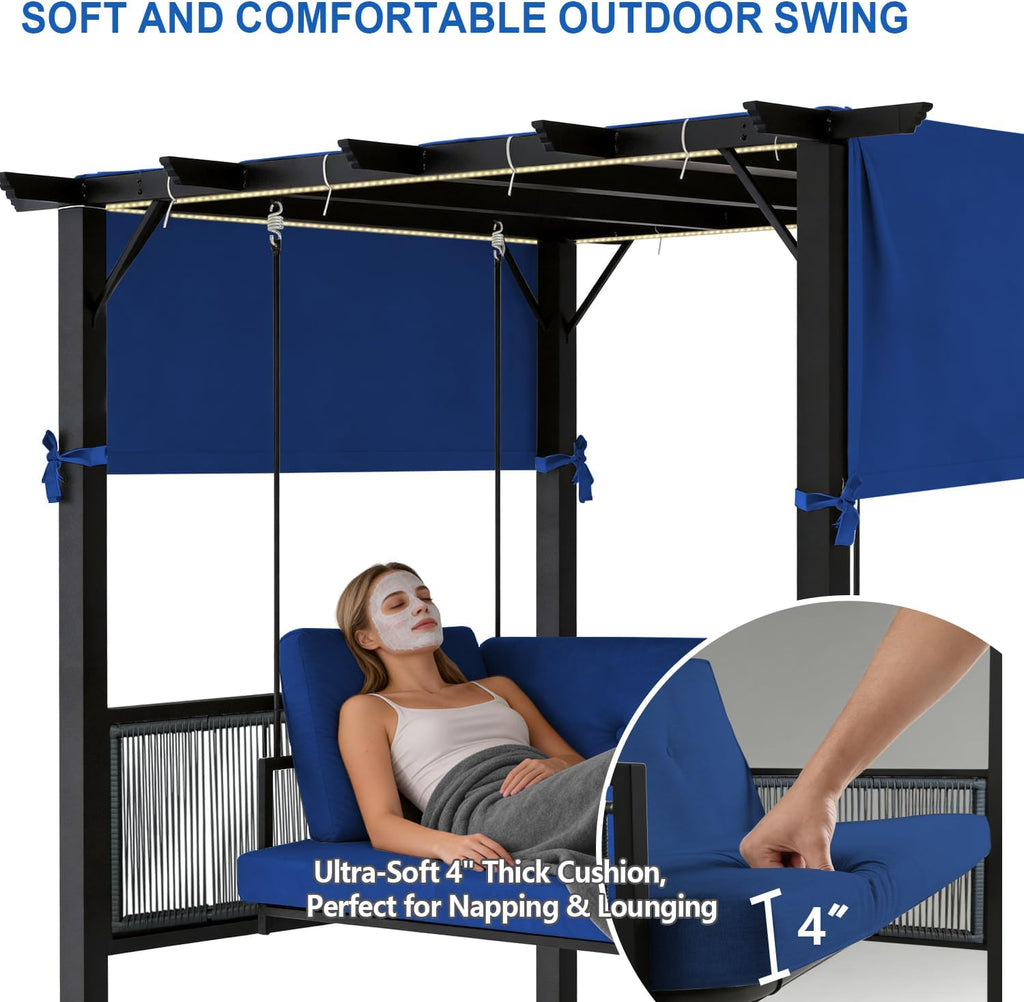 2 in 1 Porch Swing with Adjustable Canopy & LED Lights, 1,000 lb Heavy-Duty 3-Seat Swing Bed with Stand, 65-Inch
