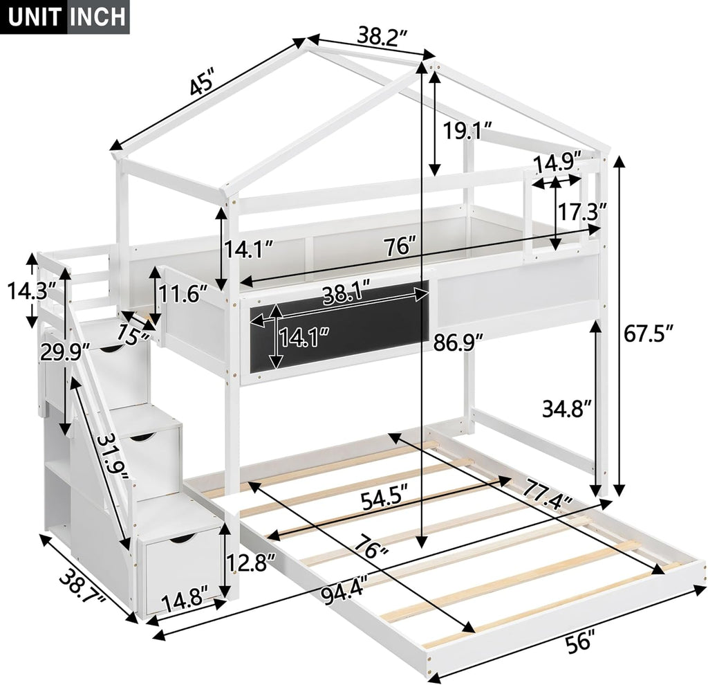 Wood Twin Over Full House Bunk Bed with Ladder, Solid Pine Wood Bunk Bed Frame with Safety Guardrails