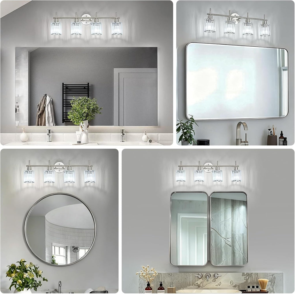 Brushed Nickel Bathroom Light Fixtures, Round, 4-Light | Vanity Lights with Crystal Shades, Modern Bathroom Lighting
