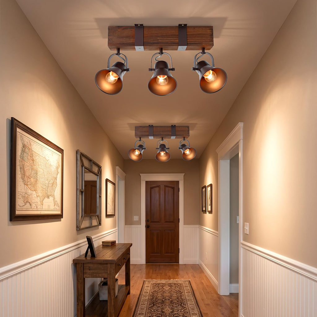 Rustic Kitchen Lights Ceiling, 3 Light Semi Flush Mount Ceiling Light, Farmhouse Wooden Track Lighting Fixtures