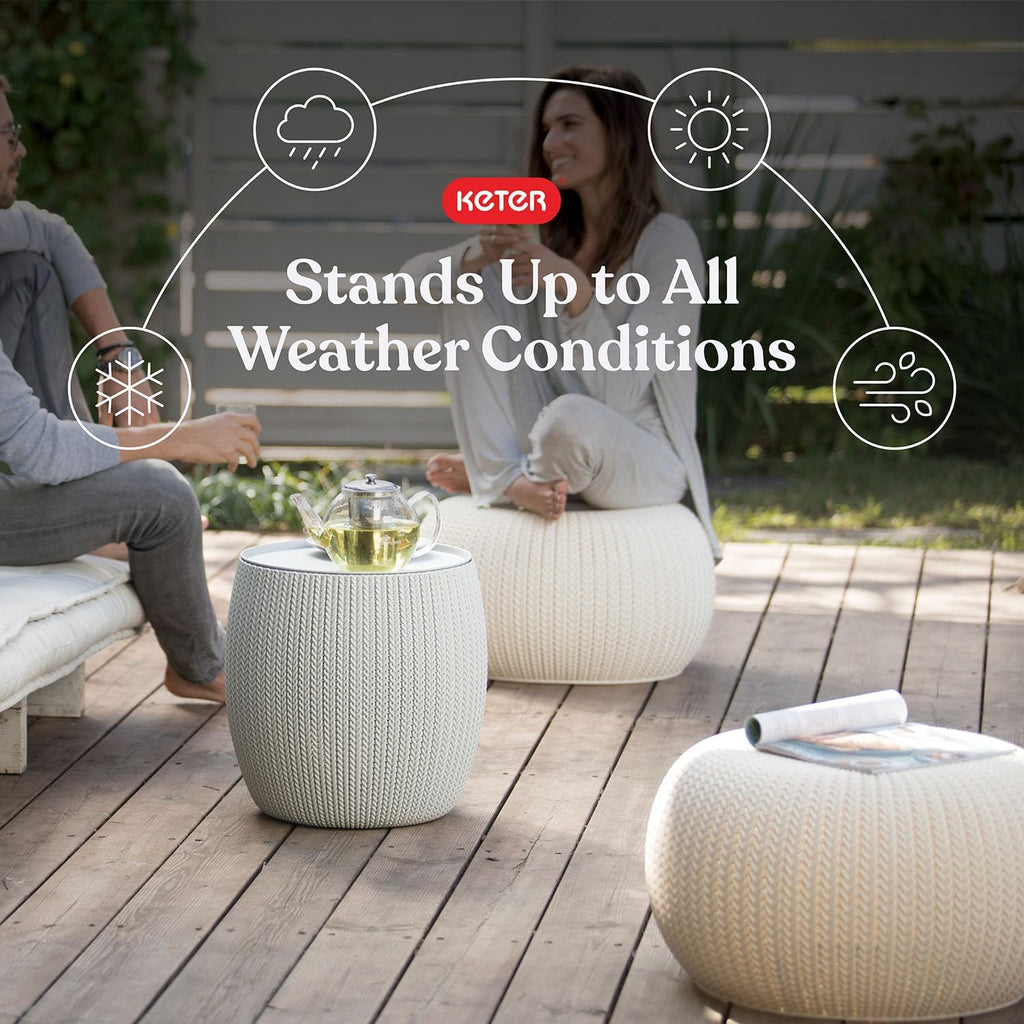Urban Knit Pouf Ottoman Set of 2 with Storage Table and Room Décor - Perfect for Balcony, Deck, and Outdoor Seating