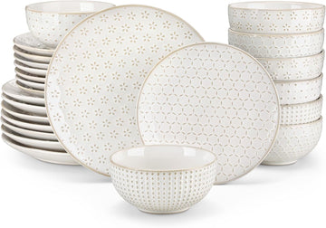 24 Piece Dinnerware Set, Embossed Ceramic Dish Sets Service for 8, Plates and Bowls Set