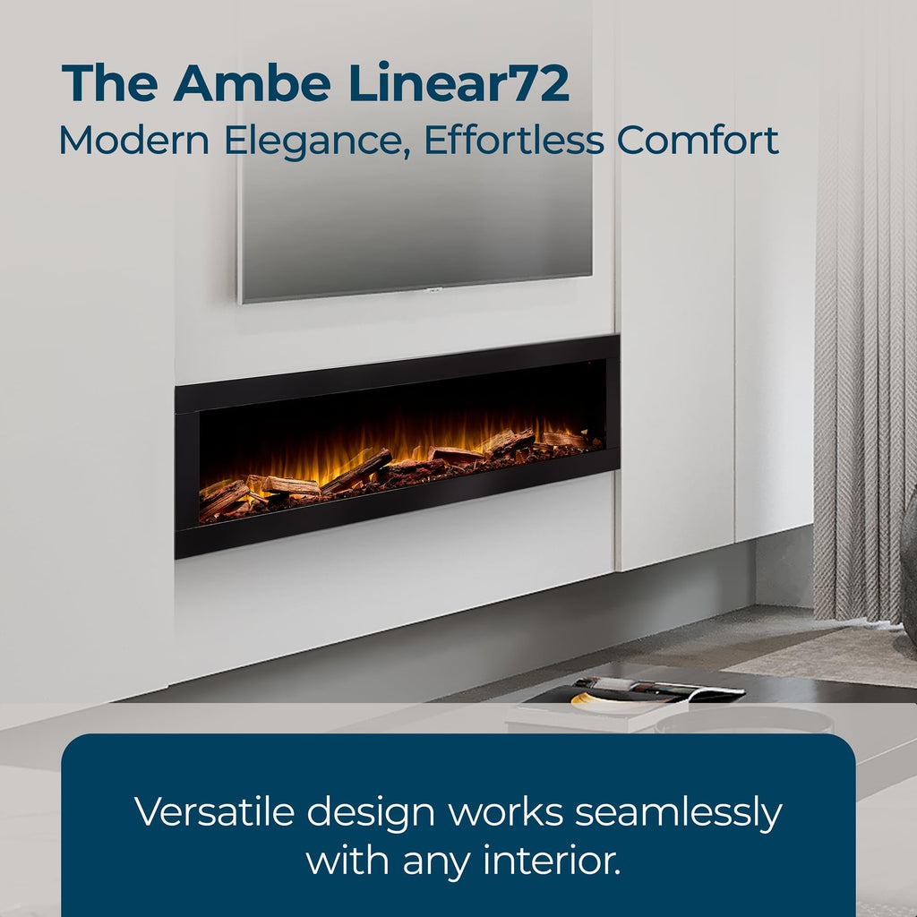 Linear 72" Electric Fireplace, Realistic Flames, Hidden Vents - Oak