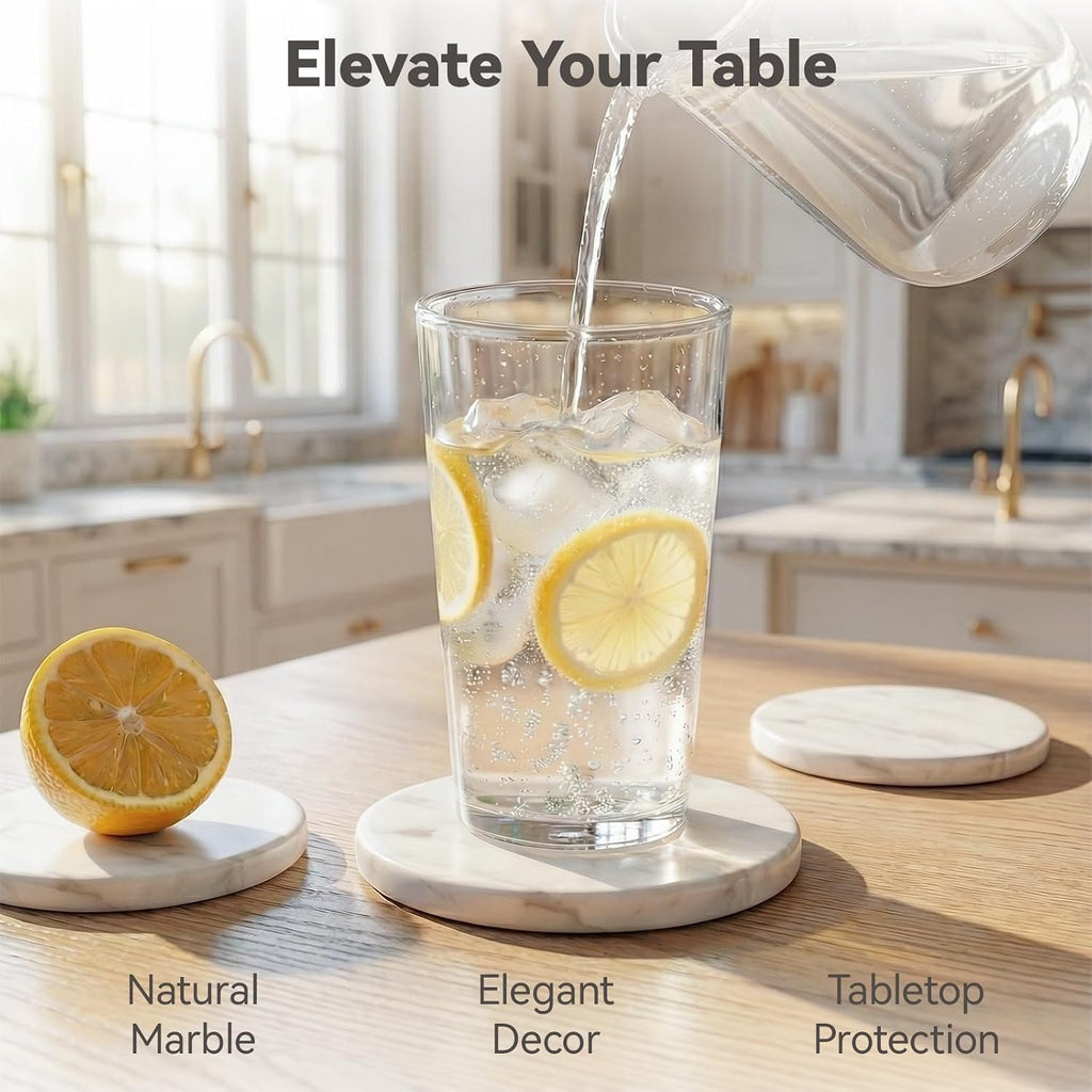 Soft White Marble Coasters, Modern Elegant Drink Coasters for Dining Table, 4" Round Polished Natural White - Set of 8