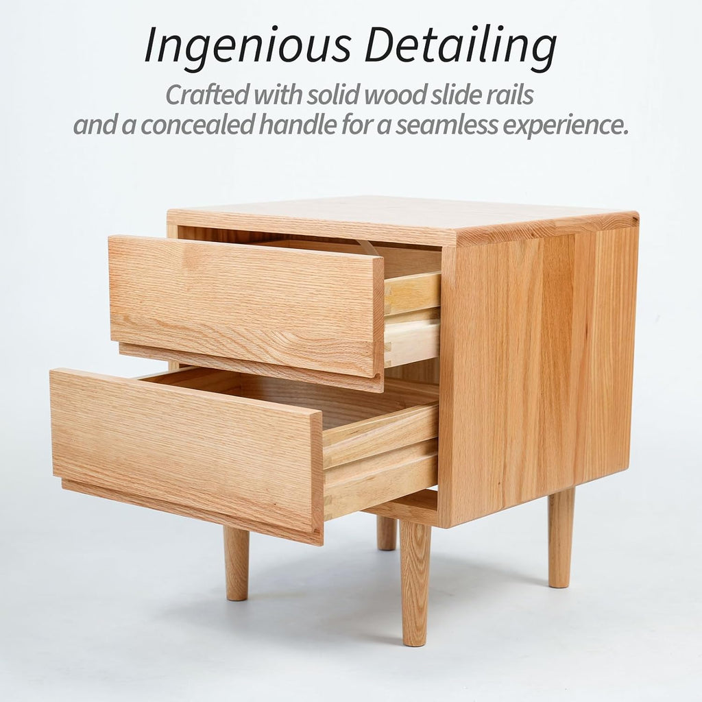 Night Stand, Mid Century Modern Nightstand w/2 Drawers, Boho Small Bedside Table, Oak Solid Wood, 17.72 W x 15.75 D x