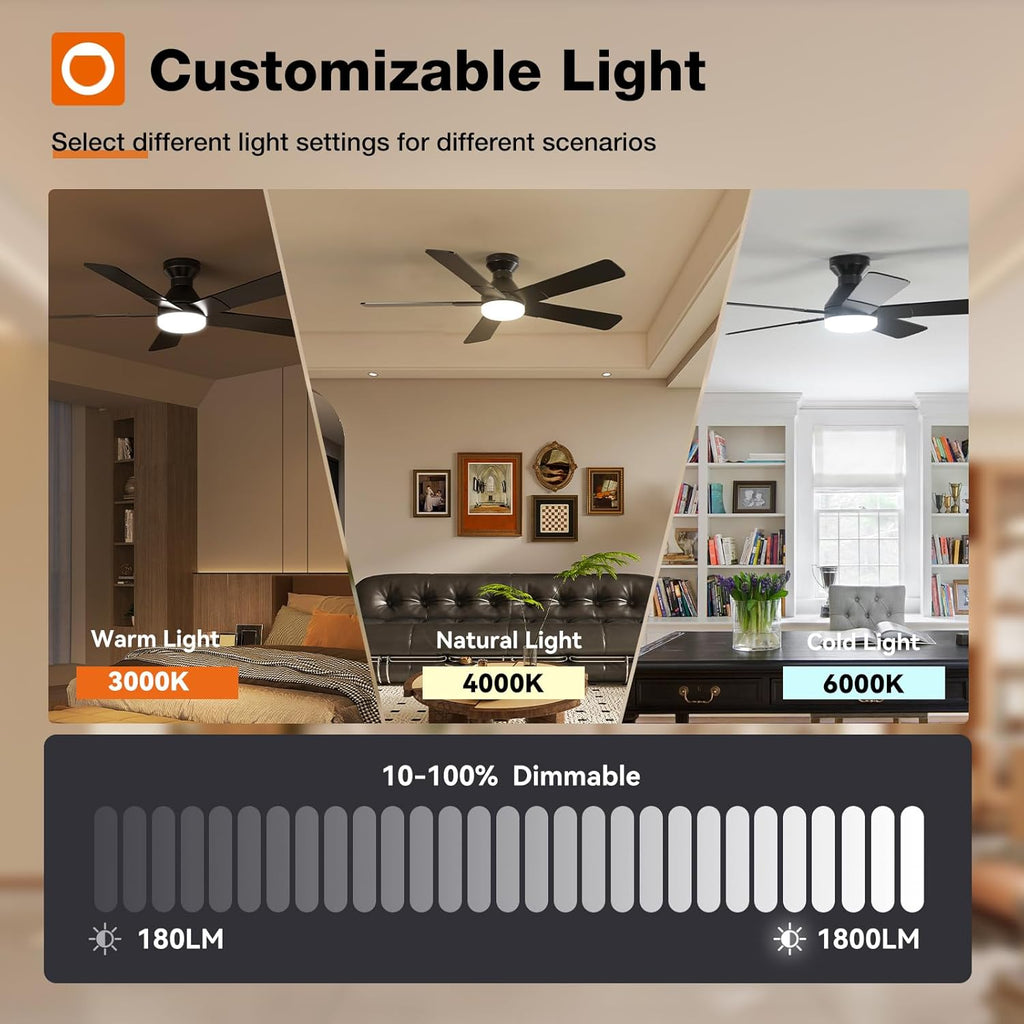 Ceiling Fans with Lights, 52 inch Low Profile Ceiling Fan with Light and Remote Control, Flush Mount, Reversible, 3CCT, Dimmable, Noiseless, Black Ceiling Fan for Bedroom, Indoor/Outdoor Use