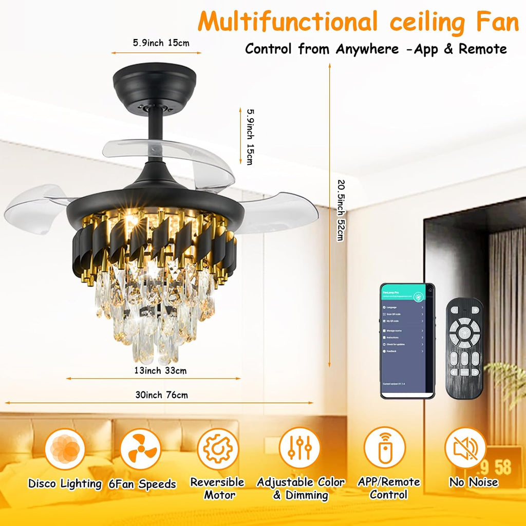 30" Retractable Crystal Ceiling Fan with Light, RGB Modern Chandelier Fan 6 Speeds Reversible Blades Black