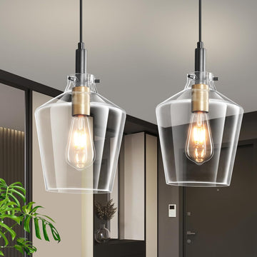 Modern Glass Pendant Lighting for Kitchen Island 2 Pack, Farmhouse Black and Gold Pendant Light Fixtures, Adjustable