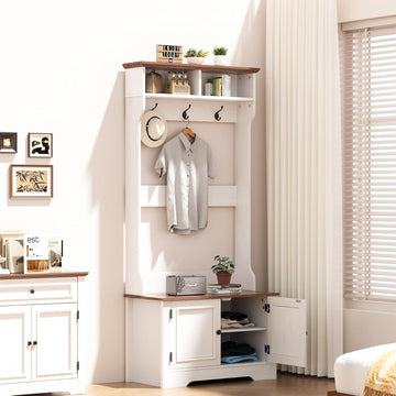 Hall Tree with Shoe Rack, 5-in-1 Farmhouse Coat Rack with Shoe Bench, Standing Shoe Storage with 3 Hooks for Front