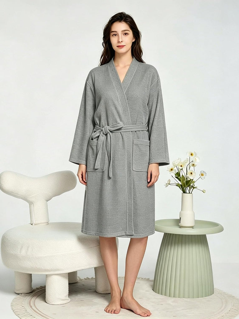 Waffle Robes for Women Knit Cotton Soft Spa Bathrobe | Lightweight Loungewear, Knee Length with Pockets, V Neck