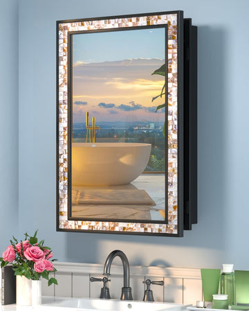 20"x30" Black Bathroom Medicine Cabinet with Mirror, Art Deco Mother of Pearl Vanity Mirror with Storage, Reversible