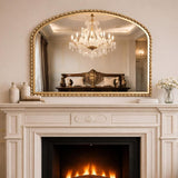 36x28 Inch Wide Arched Wall Mirror with Bold Antique Gold Beaded Frame, Decorative Mantel Mirror for Fireplace or