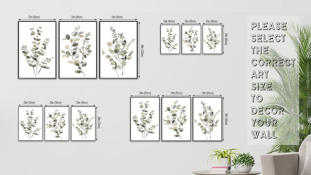 Large Framed Botanical Wall Art, Eucalyptus Leaf Decor, 16"x24" Set of 3