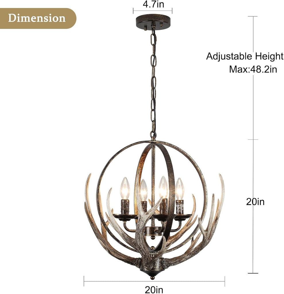 20" Retro Antler Chandelier, 4-Light Rustic Farmhouse Black Chandeliers Adjustable Height for Dining Room Kitchen