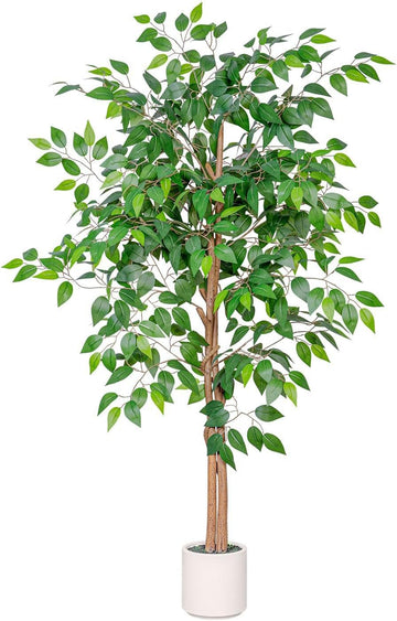 Artificial Ficus Tree 5FT Tall, Faux Ficus Tree Indoor Outdoor, Fake Silk Ficus Plant with Planter, Lifelike Leaves