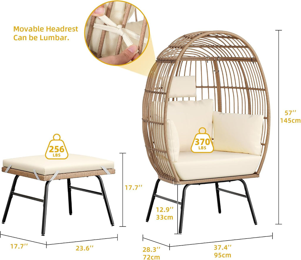Accent Living Room Egg Chair w/ 2-in-1 Ottoman, Wicker Oversized Basket Chair with 5 Thick Cushions, Footrest, Comfy