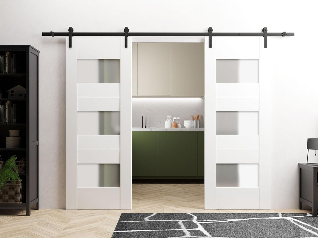 Modern Double Barn Door 60x96 inches with Opaque Glass/Sete 6003 White Silk / 13FT Rail Track Set/So