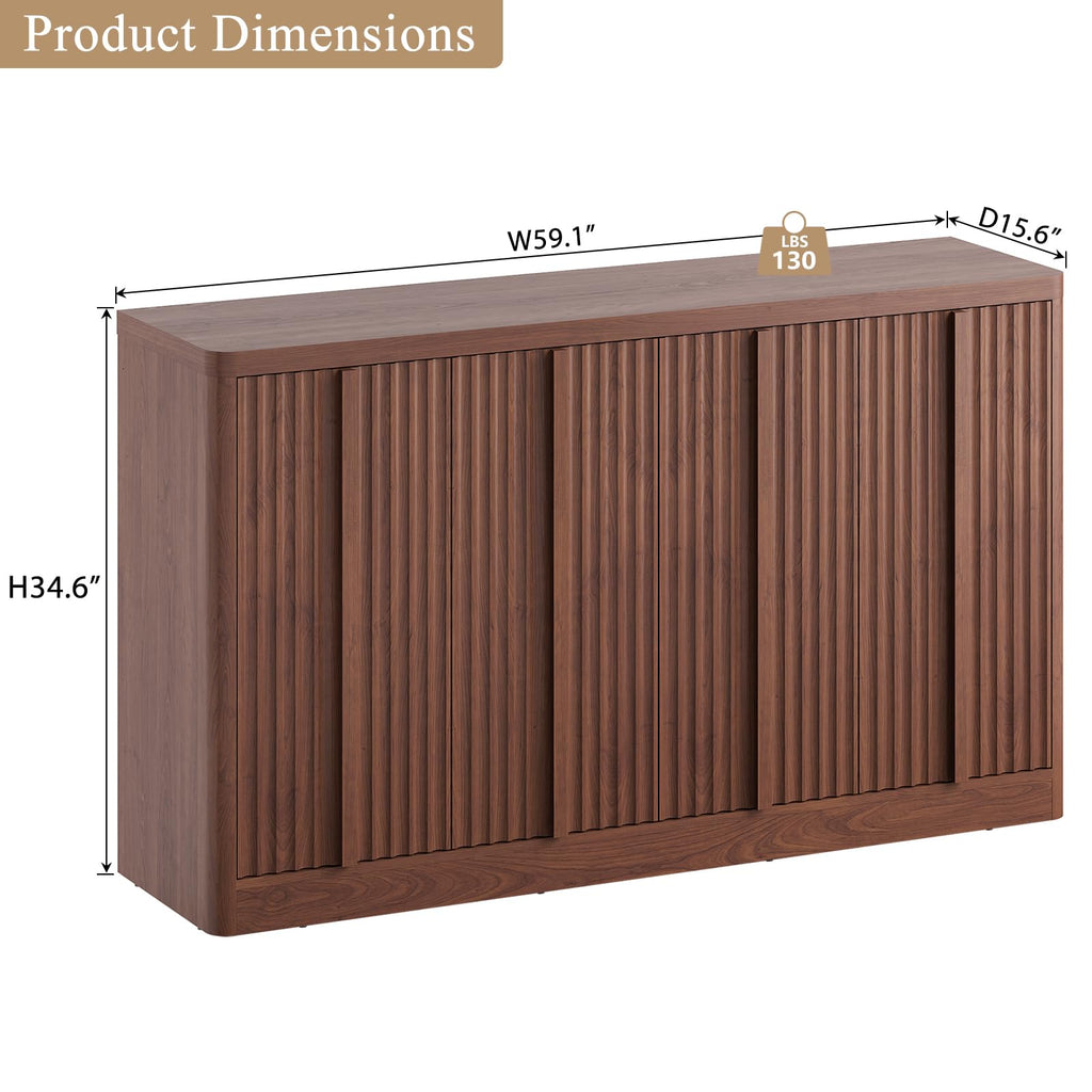 Fluted Buffet Cabinet with Storage, 60" Sideboard Buffet Storage Cabinet with 4 Doors & Adjustable Shelves, Wood