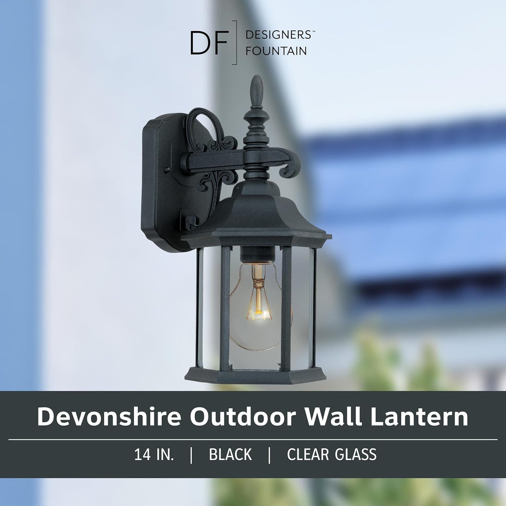 Devonshire Outdoor Light Fixture, 14 Inch Exterior Wall Lantern Sconce for Front Door, Patio and Porch, Black, 2961-BK