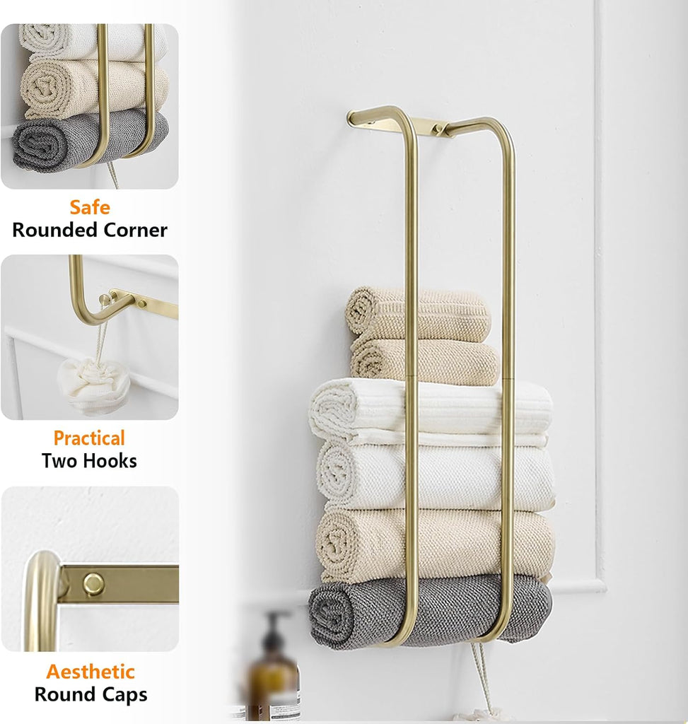 Brushed Gold Towel Racks Wall Mounted for Rolled Towels | Bathroom Towel Rack Storage Stainless Steel Vertical Towel
