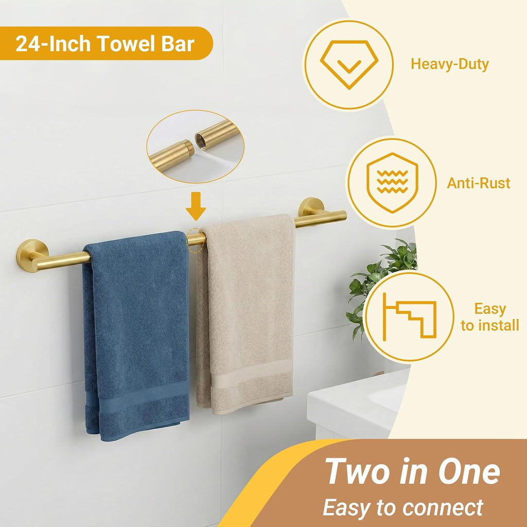 5 Piece Brushed Gold Bathroom Hardware Set, 24 Inch Bathroom Hardware Set Towel Racks , SUS304 Stainless Steel Wall