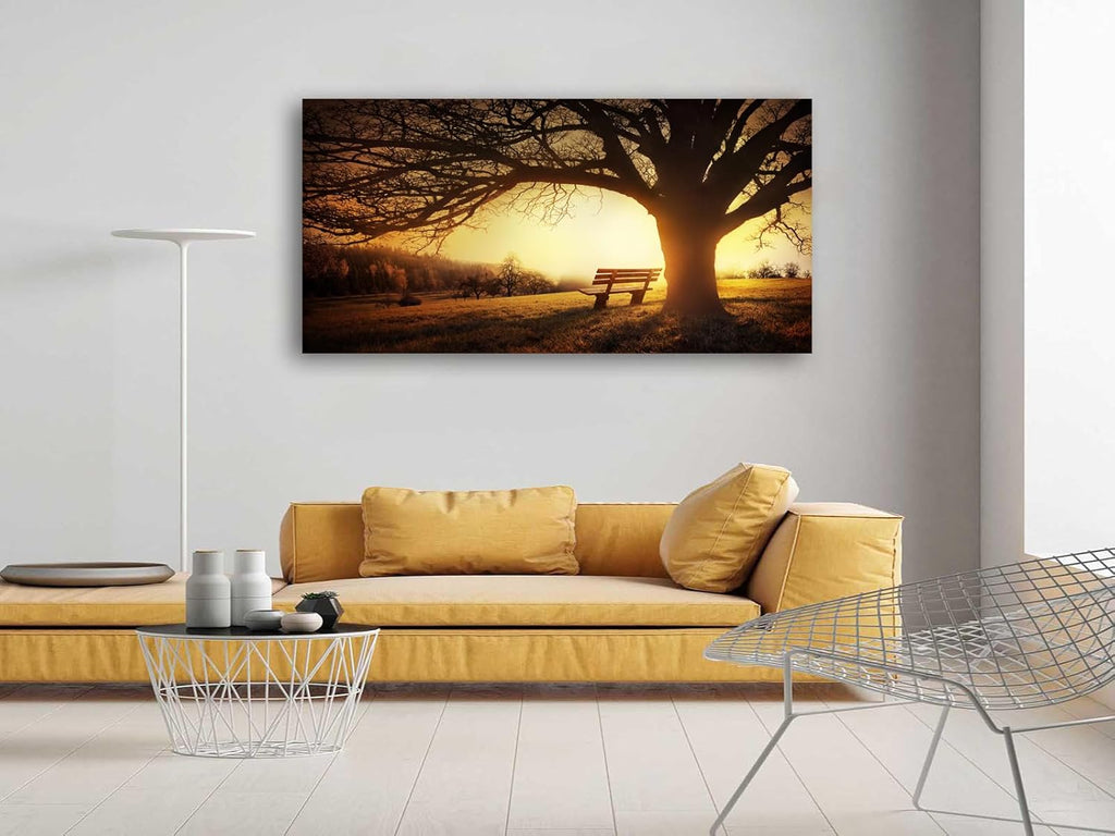 Wall Art Decor Canvas Print Picture Big Trees in Sunset 1 Panel Golden Sunset Forest Natural Landscape Painting