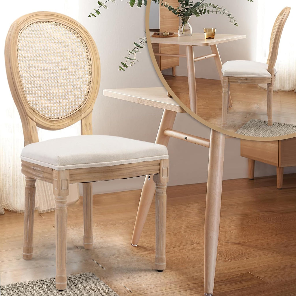 Rattan Back Upholstered Dining Chairs Set of 4 French Country Oval Kitchen Side Chairs with Wood Legs for Dining Room