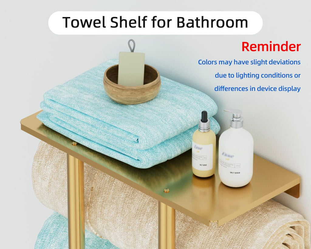 Gold Towel Rack with Shelf, Bath Towel Storage | Stainless Steel 3 Hooks Towel Racks for Small Bathroom Wall Mounted