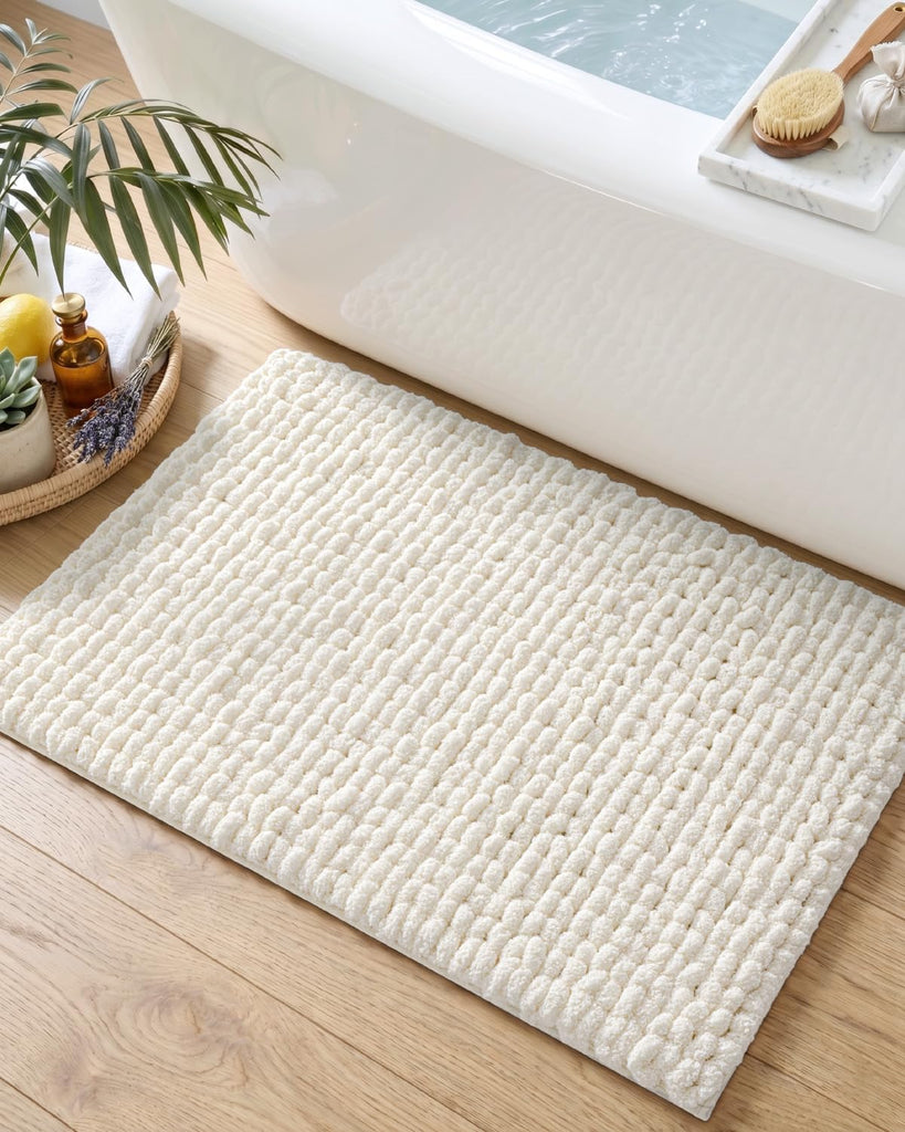 Bathroom Rugs 30x17, Non Slip Washable Chinelle Bath Mat, Cream | Luxury Soft and Thick Bath Rugs, Super Absorbent