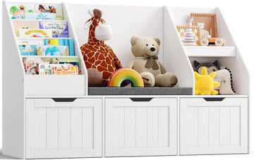 Kids Toy Storage Organizer with Reading Nook, Kids Bookshelf with 3 Movable Drawers, Kids Reading Nook with Bench for