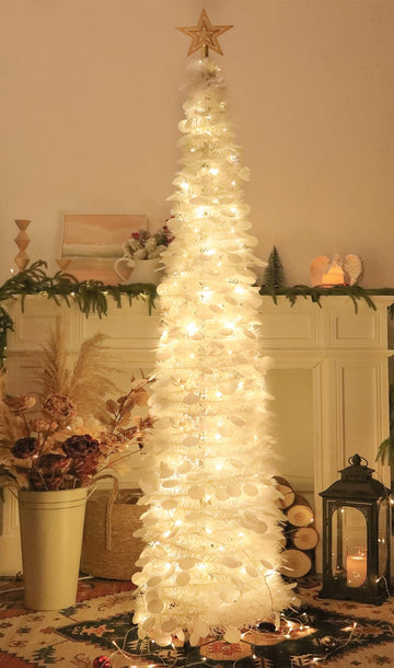 6 FT Pop Up Christmas Tree with 100 LED Timer Lights & Remote, White Collapsible Christmas Tinsel Tree Artificial