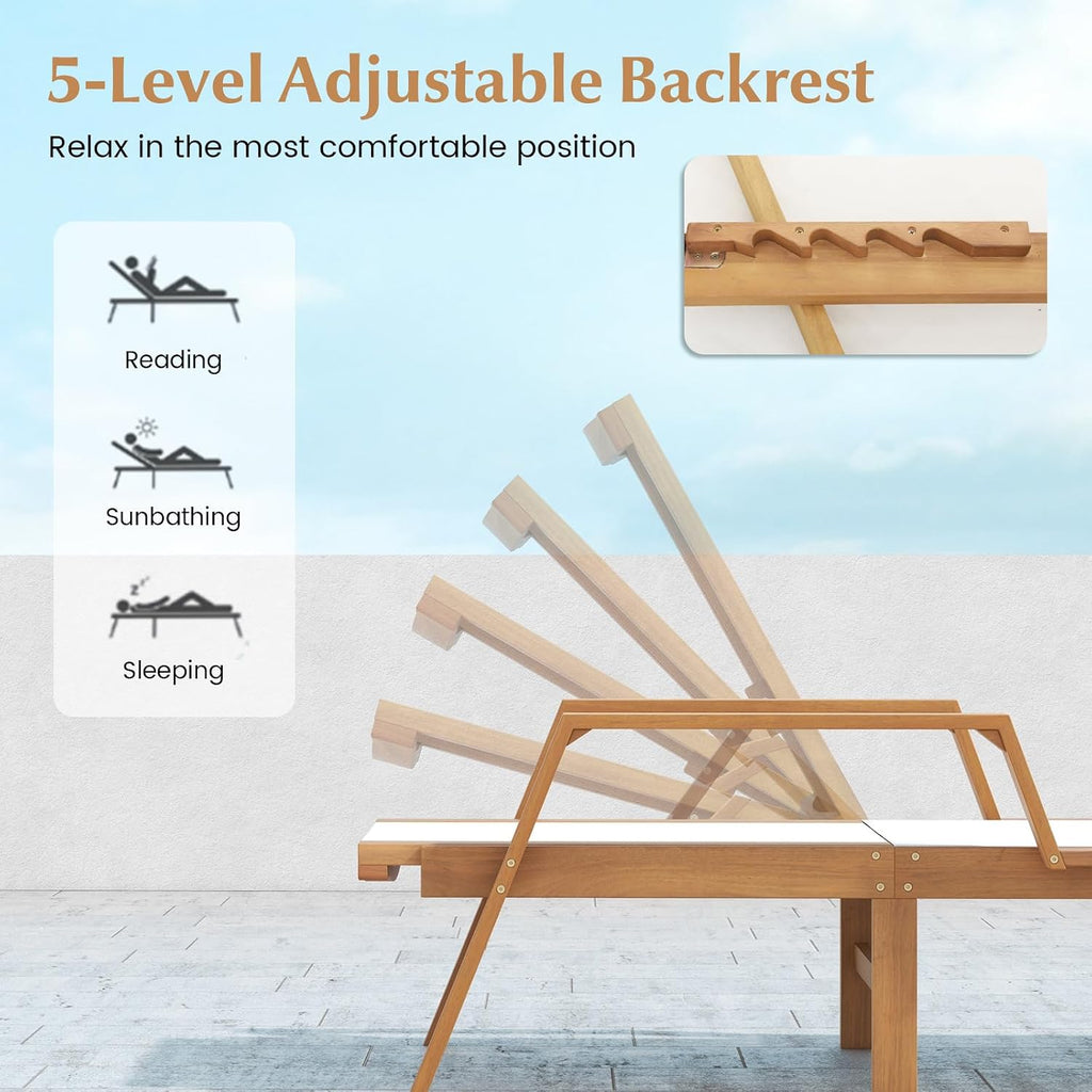 Wood Chaise Lounge Chair Outdoor, Patio Sun Lounger with Adjustable Back, Acacia Wood Lounge Chair with Breathable